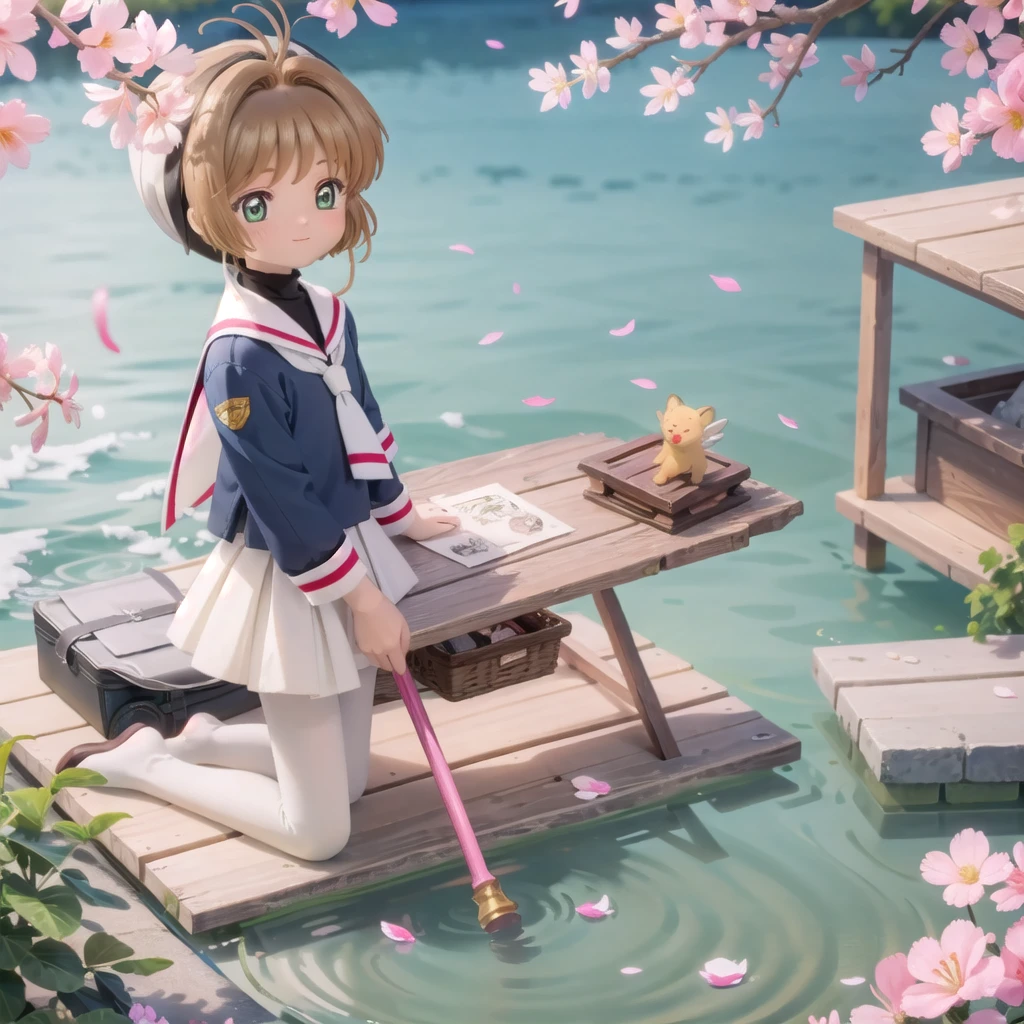 (masterpiece),  Outdoor,  cherry blossoms,  petal,  sunlight,  lake,  One Girl,  blush,  smile,  Medium Hair,  Sailor suit,Long skirt, Overgrown, petal, plant、Skirt lining、pantyhose（gray）、You can see the sea in the distance, Crotch close-up