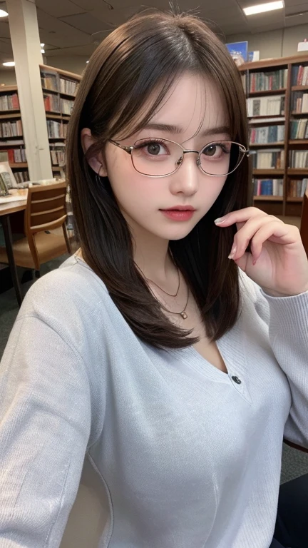 ((Highest quality))、((Very detailed))、(RAW Photos:1.2)、(High resolution detailed face and eyes:1.4)、(Huge breasts)、(Random gravure idol poses)、20-year-old、Japanese Supermodel、library、Long sleeve shirt、Intellectual glasses、Detailed Necklace、1 photo、Sitting in a chair