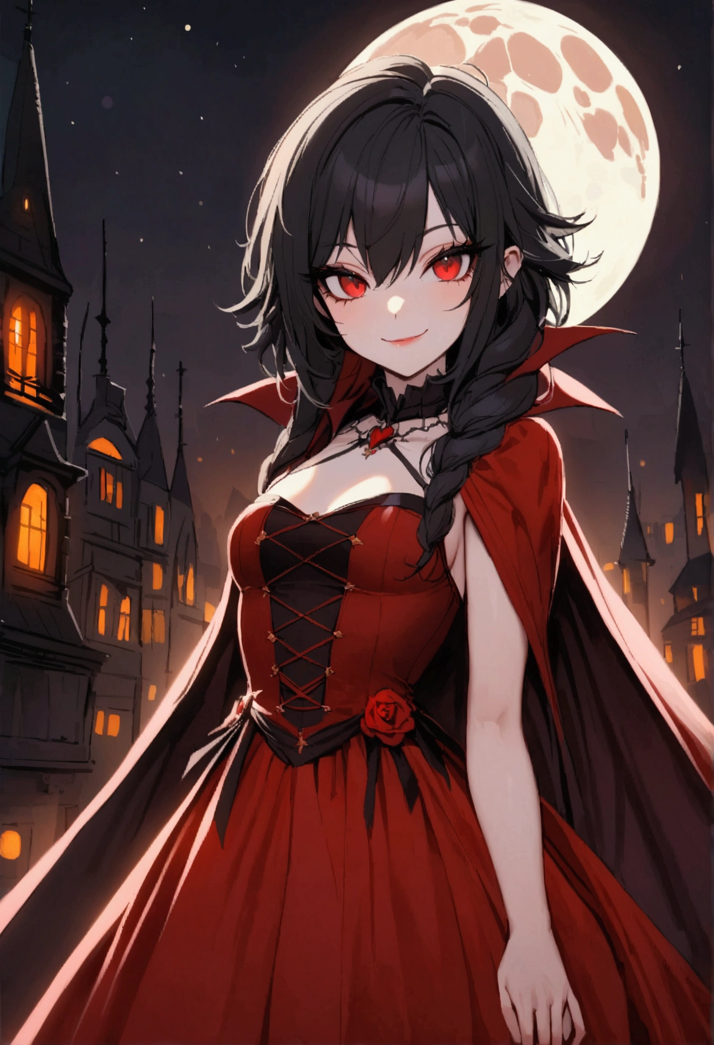 a beautiful vampire girl with long black hair, red eyes, sly smile, sly, wearing a red gothic dress, in a dark gothic city with a full moon in the night sky