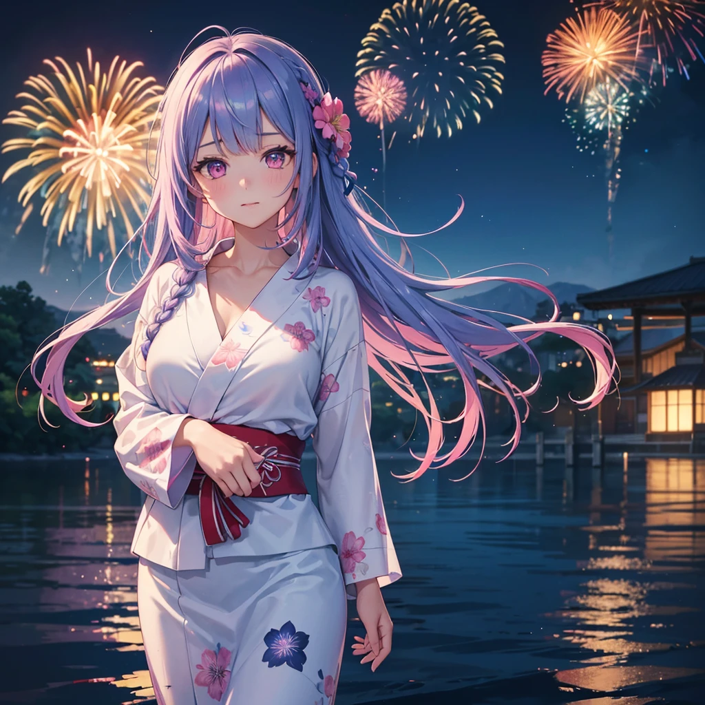 Sky Blue Medium Hair, (Braided hair),(Pink Eyes),Fair skin ,(whole body),(1 girl)、Floral Yukata、summer night、Fireworks on the lake、Big fireworks、Straight bangs,(masterpiece, Highest quality, Very detailed, Best Shadow), (Detailed Background), (Beautifully detailed face), High Contrast, (Best lighting, Very delicate and beautiful), ((Cinematic Light)), colorful, Hyper Detail 8k, Dramatic Light, Intricate details,Fireworks light reflected on the water