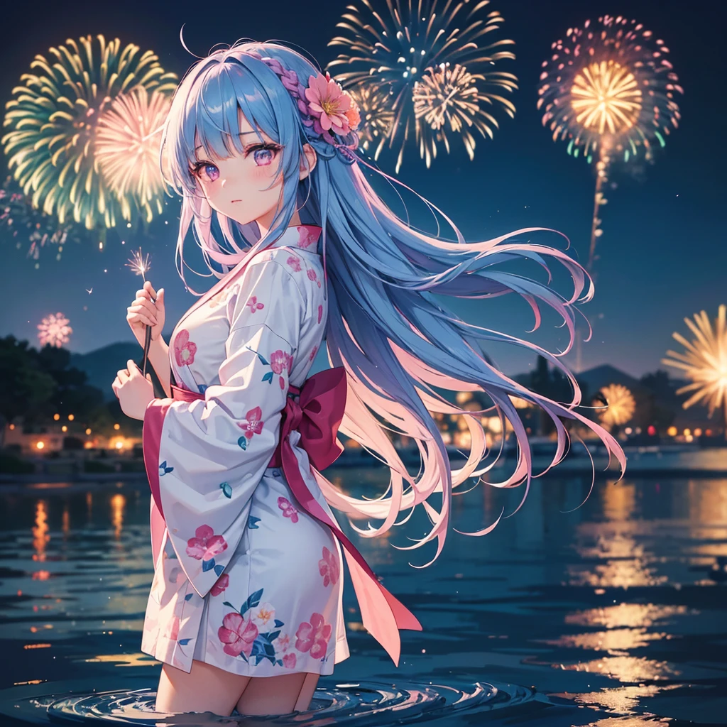 Sky Blue Medium Hair, (Braided hair),(Pink Eyes),Fair skin ,(whole body),(1 girl)、Floral Yukata、summer night、Fireworks on the lake、Big fireworks、Straight bangs,(masterpiece, Highest quality, Very detailed, Best Shadow), (Detailed Background), (Beautifully detailed face), High Contrast, (Best lighting, Very delicate and beautiful), ((Cinematic Light)), colorful, Hyper Detail 8k, Dramatic Light, Intricate details,Fireworks light reflected on the water