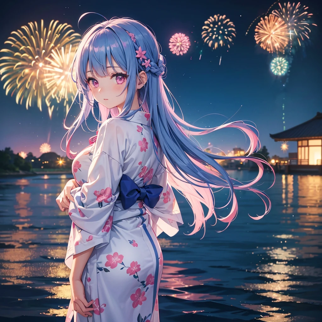 Sky Blue Medium Hair, (Braided hair),(Pink Eyes),Fair skin ,(whole body),(1 girl)、Floral Yukata、summer night、Fireworks on the lake、Big fireworks、Straight bangs,(masterpiece, Highest quality, Very detailed, Best Shadow), (Detailed Background), (Beautifully detailed face), High Contrast, (Best lighting, Very delicate and beautiful), ((Cinematic Light)), colorful, Hyper Detail 8k, Dramatic Light, Intricate details,Fireworks light reflected on the water