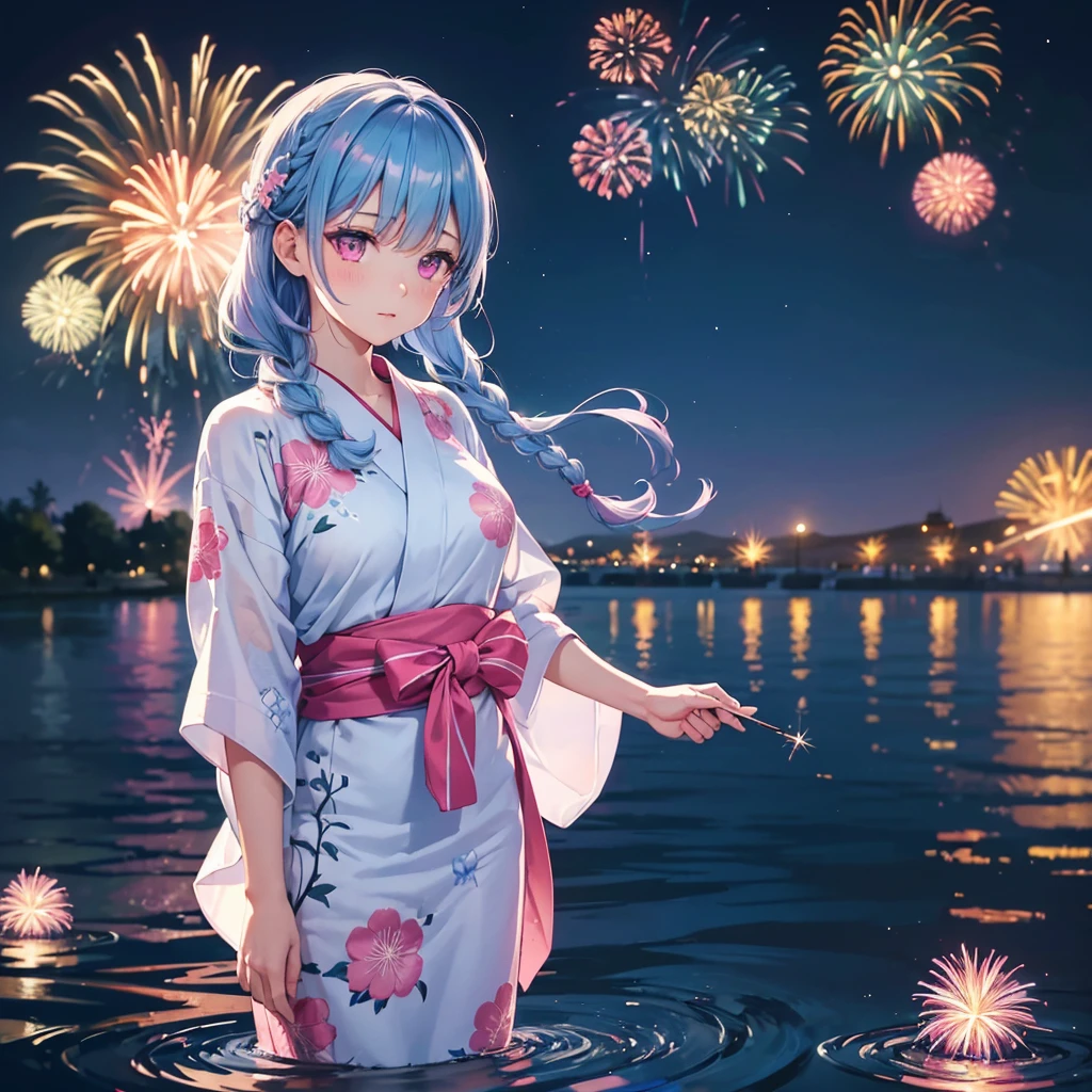 Sky Blue Medium Hair, (Braided hair),(Pink Eyes),Fair skin ,(whole body),(1 girl)、Floral Yukata、summer night、Fireworks on the lake、Big fireworks、Straight bangs,(masterpiece, Highest quality, Very detailed, Best Shadow), (Detailed Background), (Beautifully detailed face), High Contrast, (Best lighting, Very delicate and beautiful), ((Cinematic Light)), colorful, Hyper Detail 8k, Dramatic Light, Intricate details,Fireworks light reflected on the water
