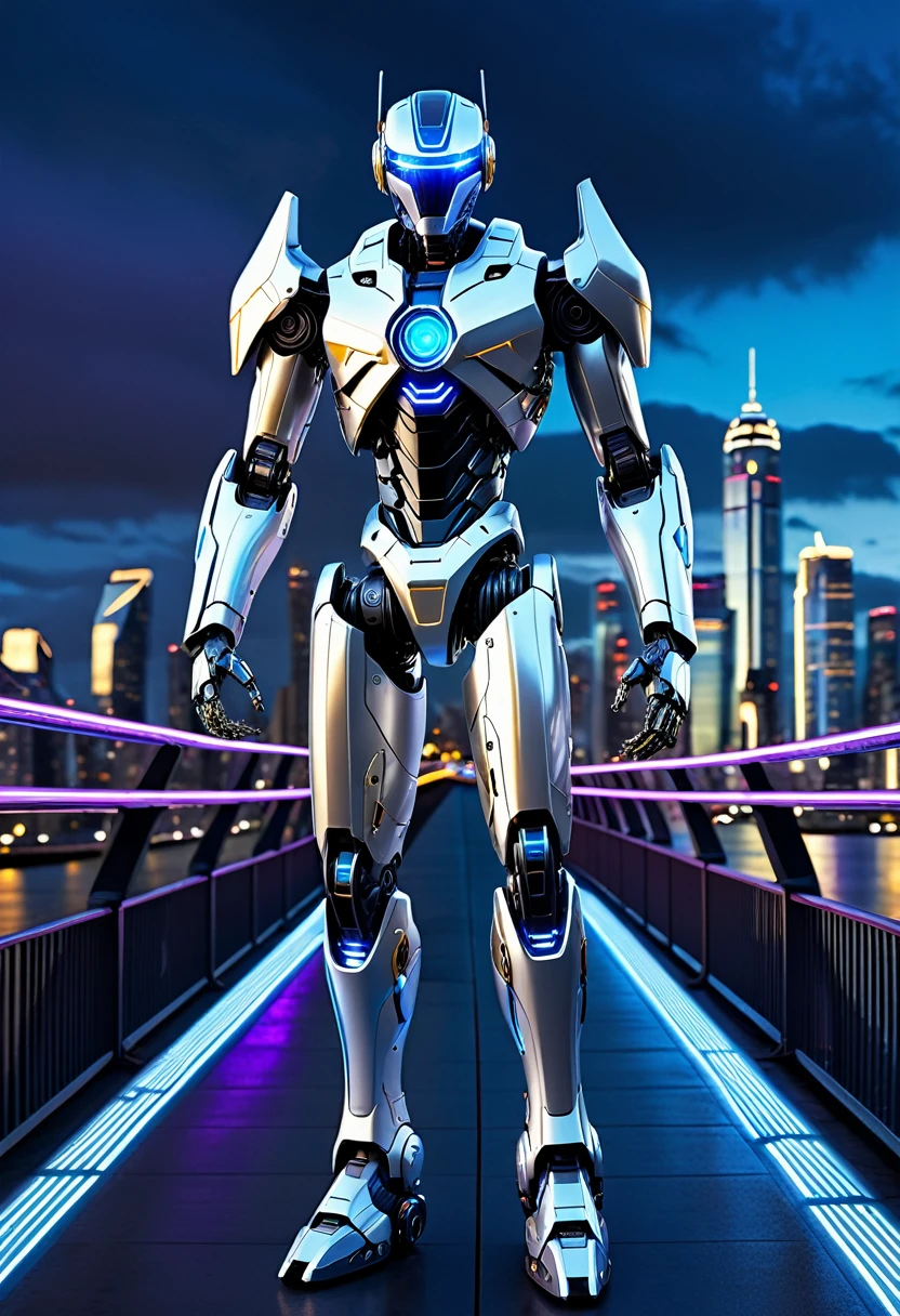 An advanced humanoid robot with a sleek silver exterior, blue and white lighting, and gold accents, standing confidently on a futuristic city bridge. The robot's design is modern, sophisticated, and imposing, featuring a helmet with blue illuminated eyes and highly detailed hands with hand claws that emit blue light. The robot also has large wings that contribute to its imposing presence. The urban backdrop is vibrant with blue and purple neon lights, showcasing an advanced and clean technological environment. The setting is a high-tech metropolis at dusk, with sleek buildings and flying vehicles. Full-body view, showing the robot from head to toe, standing in the center of the bridge. The scene includes pedestrians walking, digital signboards, and a mix of ground and aerial vehicles.