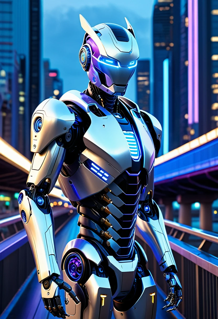 An advanced humanoid robot with a sleek silver exterior, blue and white lighting, and gold accents, standing confidently on a futuristic city bridge. The robot's design is modern, sophisticated, and imposing, featuring a helmet with blue illuminated eyes and highly detailed hands with hand claws that emit blue light. The robot also has large wings that contribute to its imposing presence. The urban backdrop is vibrant with blue and purple neon lights, showcasing an advanced and clean technological environment. The setting is a high-tech metropolis at dusk, with sleek buildings and flying vehicles. Full-body view, showing the robot from head to toe, standing in the center of the bridge. The scene includes pedestrians walking, digital signboards, and a mix of ground and aerial vehicles.