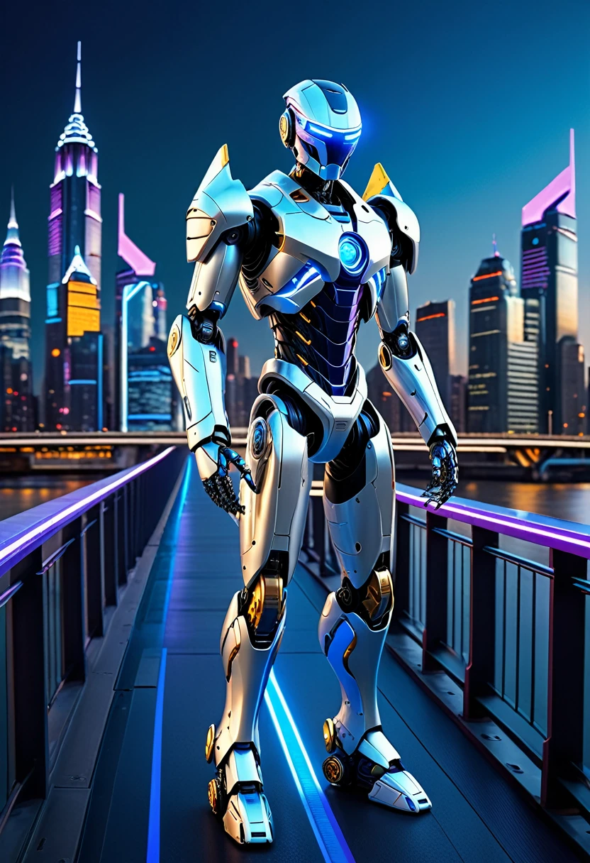 An advanced humanoid robot with a sleek silver exterior, blue and white lighting, and gold accents, standing confidently on a futuristic city bridge. The robot's design is modern, sophisticated, and imposing, featuring a helmet with blue illuminated eyes and highly detailed hands with hand claws that emit blue light. The robot also has large wings that contribute to its imposing presence. The urban backdrop is vibrant with blue and purple neon lights, showcasing an advanced and clean technological environment. The setting is a high-tech metropolis at dusk, with sleek buildings and flying vehicles. Full-body view, showing the robot from head to toe, standing in the center of the bridge. The scene includes pedestrians walking, digital signboards, and a mix of ground and aerial vehicles.