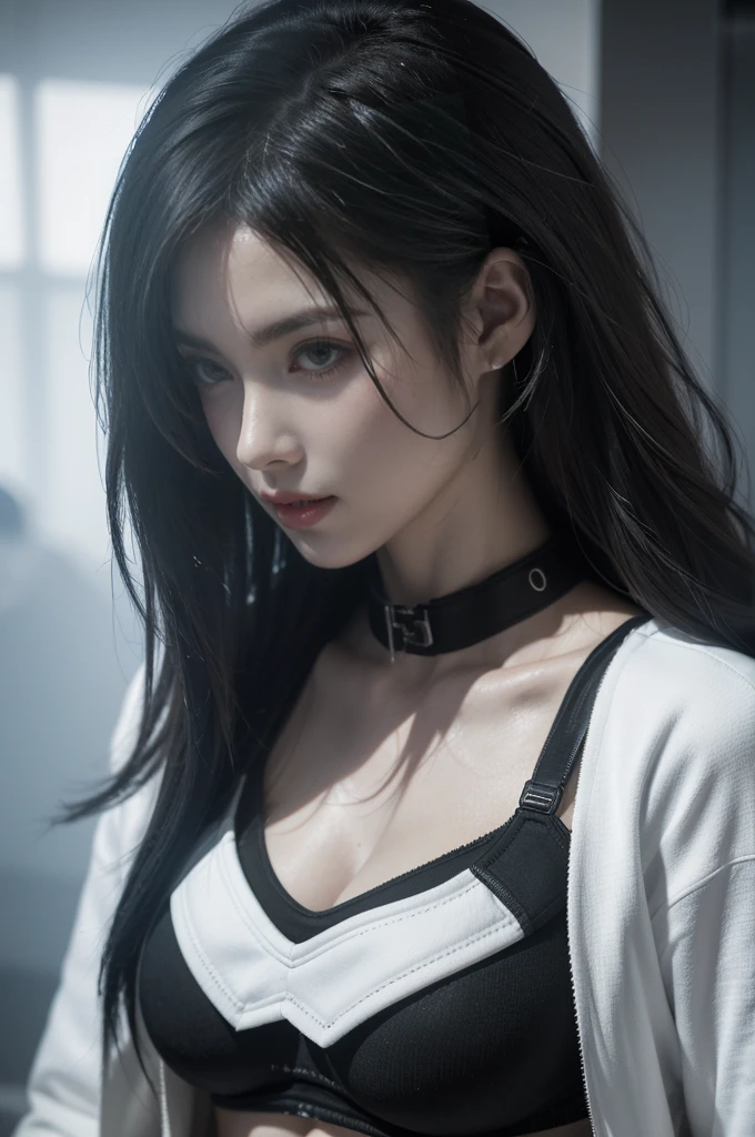 tmasterpiece,Best quality,A high resolution,8K,(Portrait),((Head close-up)),real photograph,digital photography,(Female scientists in sci-fi style),20 year old girl,Random hairstyles,By bangs,(Random Color Eyes),(Random-colored hair),A plump chest,cleavage,Elegant and noble,Serious and indifferent,Open white coat,Black tube top bra,rich details​,Keep your mouth shut,Intricate ornaments,Cyberpunk futuristic style,(Female scholars),white backgrounid,oc render reflection texture