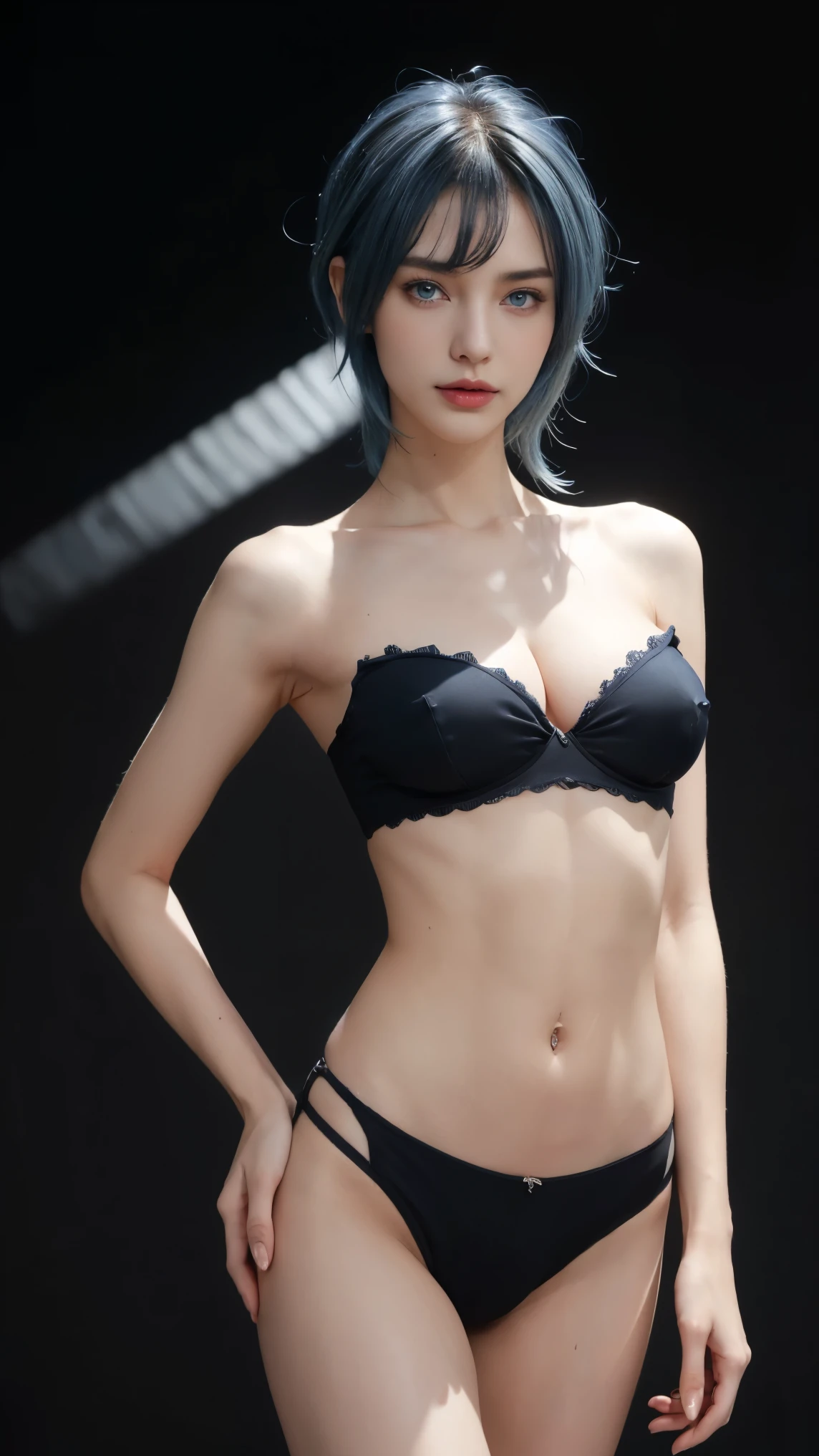 8K, Top Quality, Intricate Details, Ultra Detail, Ultra High Resolution, Masterpiece, close up shot, (full body: 1.1), Slender, Smile, (Makeup: 0.4), ((sexy pose,)), (Fluffy blue Eyes: 1.21), (()), 1girl, solo, 1 girl, ((bangs, blue hair, bangs, very short hair, bangs )), close up shot, , ((tall)), (((fit body))), (((slim face))), sharp face, ((, wind blow hair, )), ((sleeveless ,strapless, mini bra, micro bra , , , , micro panties,)) , (detailed face), sharp face, small lips, perfect hands, ((walking pose, walk pose)) , ((, ,mini panties,)), , ((cleavage, crotch,)),, detailed face, detailed breast,, huge breast , ((detailed nipples, detailed breast , detailed nipple)), detail ass, Narrow Waist, Skinny, tall , 175 cm tall, Muscular, Navel, Exposed Abdomen, Pointed Chest,, Beautiful girl with accentuated slender abs: 1.4, Six Pack Abs: 1.4, Bust Botox, Big, Perfect Body, detail leg, (( dark background)), black background,