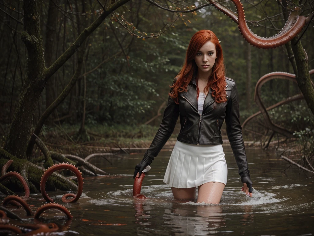 woods. warm lighting, 20 years old woman, (sensually drowning in a lake), ((white skirt)), Stockings with garters, leather jacket. (Tormented by lust:1.3), (emaciated face:1.3),  Copper-red hair, tentacles in the water, some tentacles are touching her, big tentacle sneak around, fantasy creatures, tentacles around, tentacles in the background, tentacle beast, tentacle monster, full body view, wet fluid, wet ground,fullframe