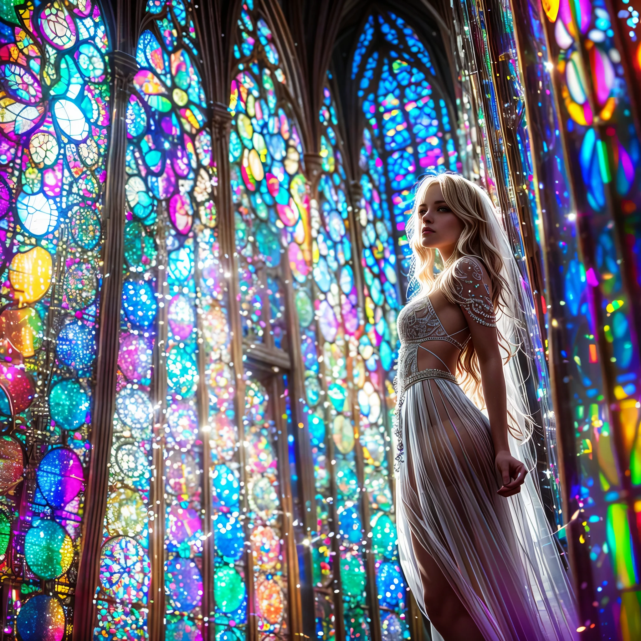  (Cathedral from below:1.28) (ZoomLayer) TopQuality 8K masterpiece of ((Professional photo)), (((Clarisse de Cagliostro))) (Detailed White WeddingDresses), Chain, (((Extremely detailed KAWAII face))) {((VeiledFace))|BlondeHair|(Elaborate BuleEyes)with(SparklingHighlights:1.28)}, The background is distant (((Elaborate stained glass))) Rainbow Glass, {(MysticSight)|EnchantingAtmosphere|Haze|(GodRays)|TyndallEffect}, Radiant PearlSkin with Transparency, (Exposed:0.39)