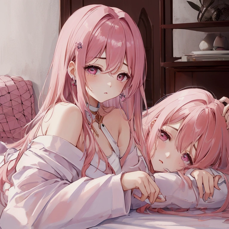 best quality、masterpiece、in high resolution、very detailed、8K、two girls、cute、anime、clear white skin、functional、whole body、、14、(Hair color is shiny light pink)、cute夏用パジャマ、On a beautiful and cute bed、Kiss me good morning、while sleeping、embarrassing Pussy masturbation Completely naked spread legs Toro face