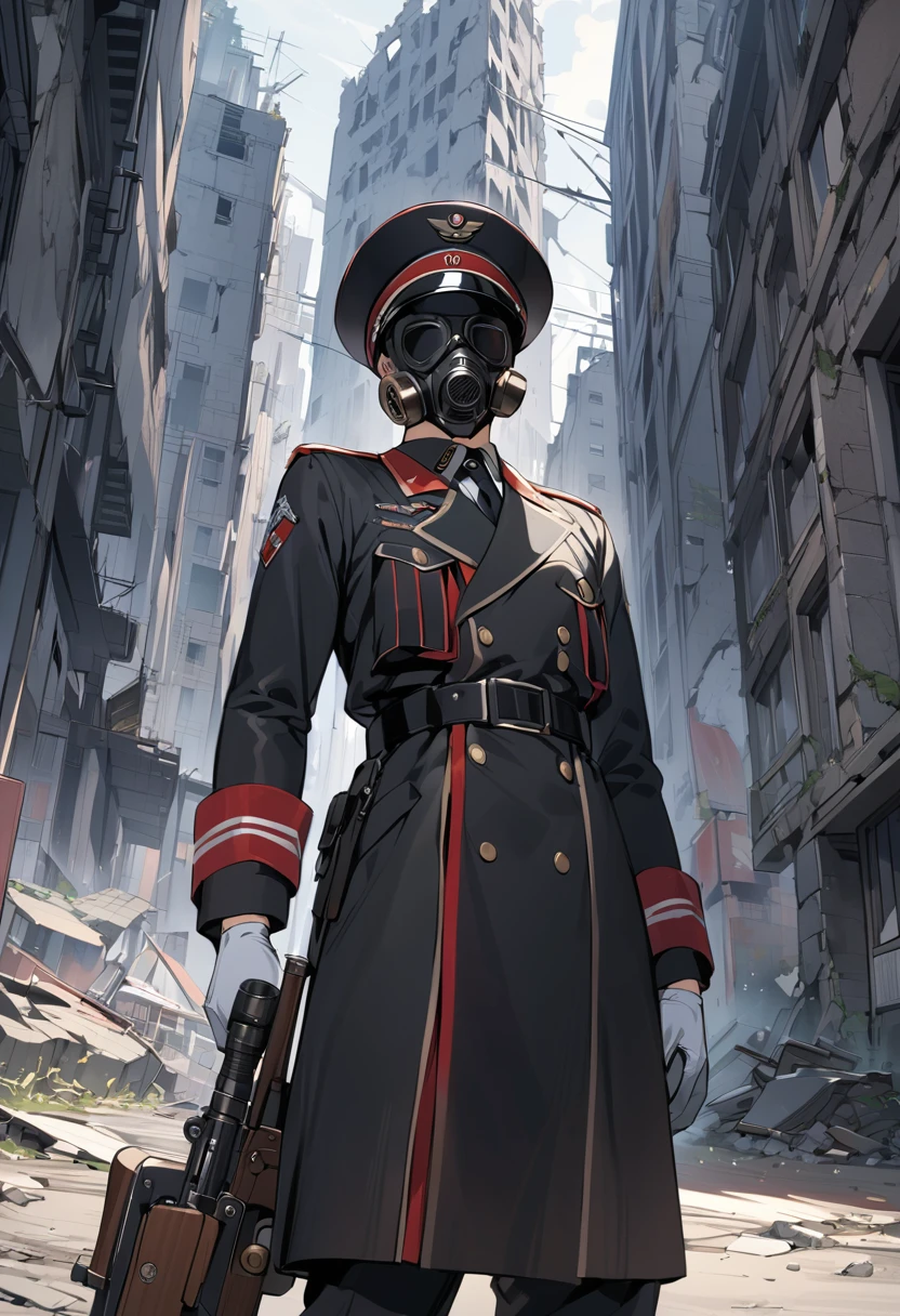 (masterpiece, best quality:1.1),one boy,officer Kroenen,(black military cap,military Gasmask, wind-up shaped button,has tonfa-shaped sword, and Luger-P08,),nazi-uniform,thin body,ruins of a big city,