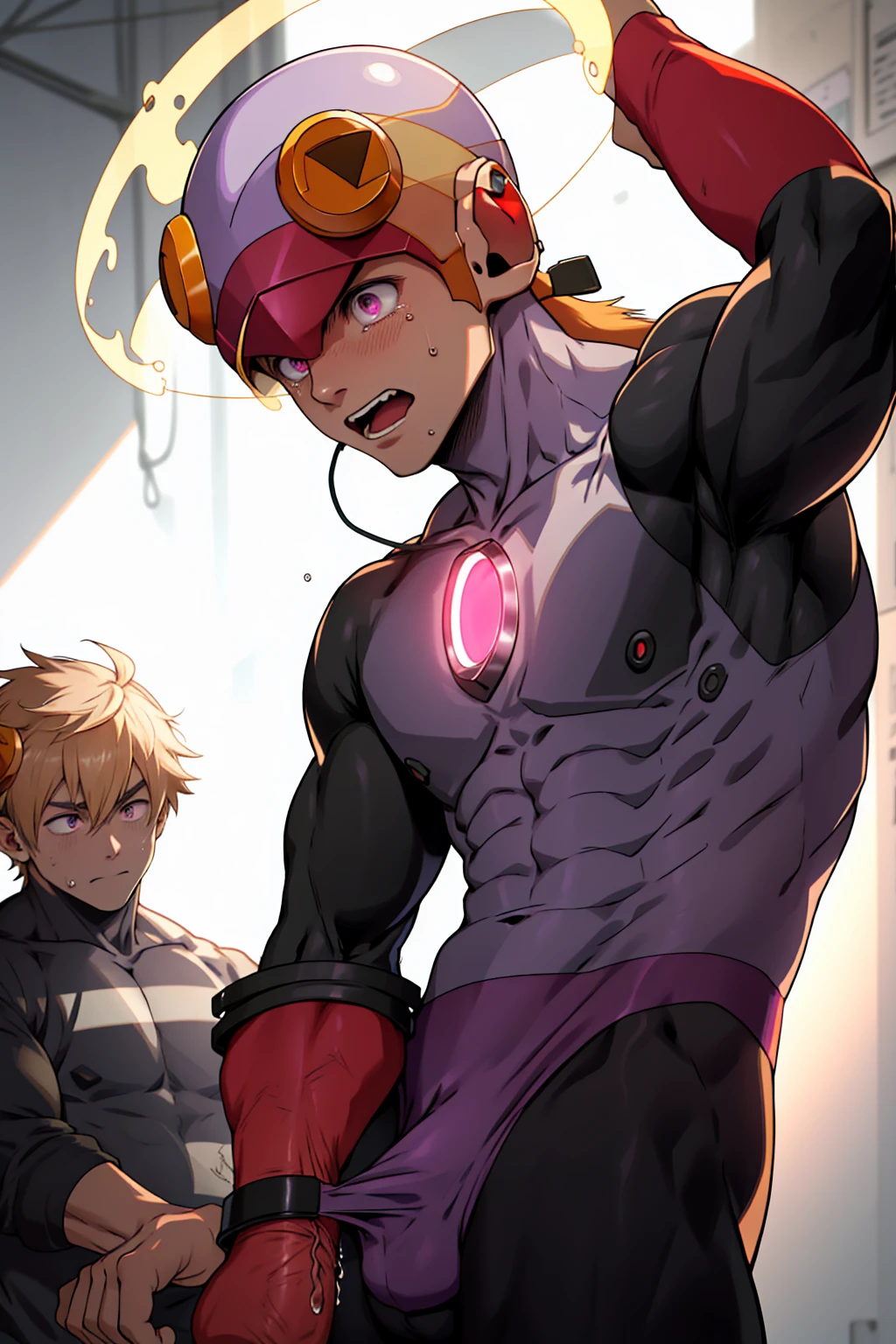 anime style, score_9, score_8_up, score_7_up, score_6_up, score_5_up, score_4_up, Gore,(nympho/nymphomaniac/bitch/erotomania/naughy/lewd), (guro/Electric shock/receive an electric shock), (torture:1.3), (restrained:1.3),1girl, role_..exe_megamanbun, (helmet), femboi, blonde, long hair, leotard, pink eyes, purple bodysuit, bodysuit, crotch bulge, lightless eyes, changed costume main color from pink to purple, tied to machine, glowing circuit background, black lightning, Pleasure/Pain, steam/breath,heavy breathing/breathless, (1boy, silhouette, penis), [rolling eyes], tongue out, sweat, panic face, rape, ryona, runny nose, crying with eyes open, vomiting white liquid-diet on mouth, grab neck, Covered erect nipples, Cum in a suit, Child-like immature penis, [ahegao_eyes]. (clench), ultra high quality, high resolution, masterpiece, exquisite, absurd, cinematic lighting, chiaroscuro, sunset lighting, deep shadows, backlighting, deep focus, sharp focus, 