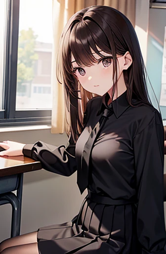 Highest quality, High resolution,thin、Brown eyes、expensive、Brown Hair、Shortcuts,Straight hair、School、classroom、Black Skirt、Black lace long sleeve blouse、22 years old、Grey tie
