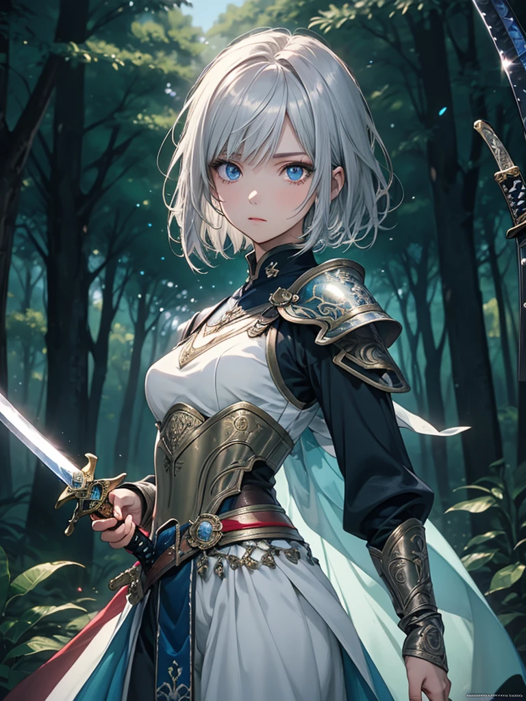 (fantasy art),(master piece),(anime style),high quality,(perfect anatomy),(perfect fingers),((1girl)),((solo)),(small breasts),slender body,silver short hair,((decorated sword)),beautiful detailed blue eyes,beautiful detailed white armor,white loincloth,dynamic pose,hand holding a sword,gripping sword in hand,high fantasy,magical colors and atmosphere,silky to the touch,film lighting,in the forest