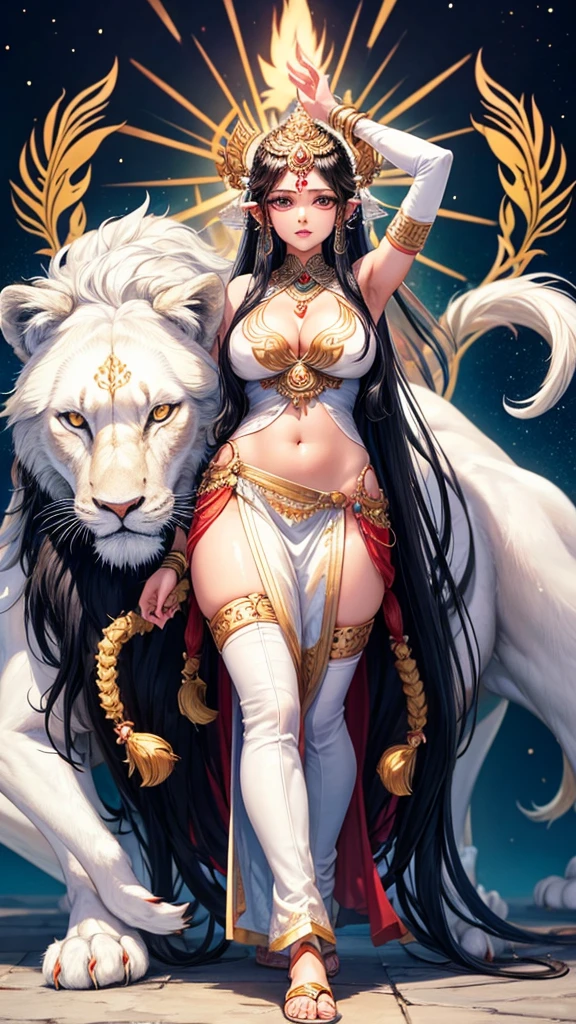 Sexy hindu female gods white outfit long black hair holding trishul nearly lion beautiful face full HD