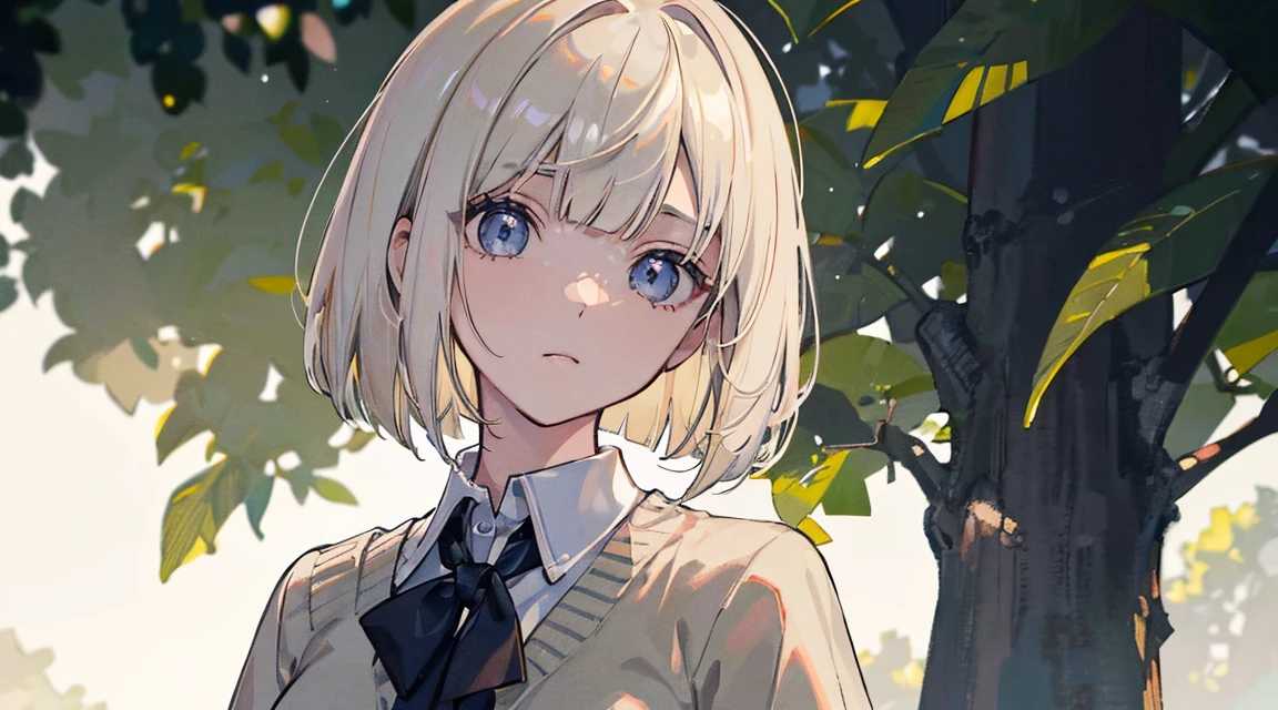 (Bob Cut Hair, Platinum Blonde Hair:1.2),(Wear a cardigan over a collared shirt:1.2),1 girl,Japanese,21 years old,(Small breasts:1.3),(Highest quality,masterpiece:1.3,超A high resolution,),(Ultra-detailed,Caustics),(Photorealistic:1.4,RAW shooting,)Ultra-Realistic Capture,Very detailed,High resolution 16K human skin close-up。 Natural skin texture、,Pores、、It needs to be detailed enough to be easily identifiable。 Skin should be even-toned and healthy looking。 Use natural light and colour, Sad expression, Looking at the camera, Perfect dynamic composition, Outdoor