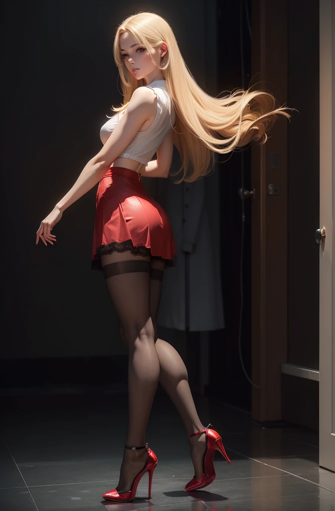 (full entire body:1.5)，(1girls:1.3),(Check out the viewer:1.4)，(Anatomy correctly:1.4),(Opaque tights and lace, thick heels :1.3),(Dancing in the hospital:1.2),(Wear a red, polished, ultra short skirt:1.2),(Extra Long Blondes Hair:1.2),(Precise and perfect face:1.3),(Long legs and big feet:1.3),hyper HD, Ray Traching, Reflective light， structurally correct, awards winning, high detailed, Brighten color contrast, facial lighting ，cinematic lighting, ​masterpiece, Super detailing, High quality, high detailed, best quality, 16K，high contrast,