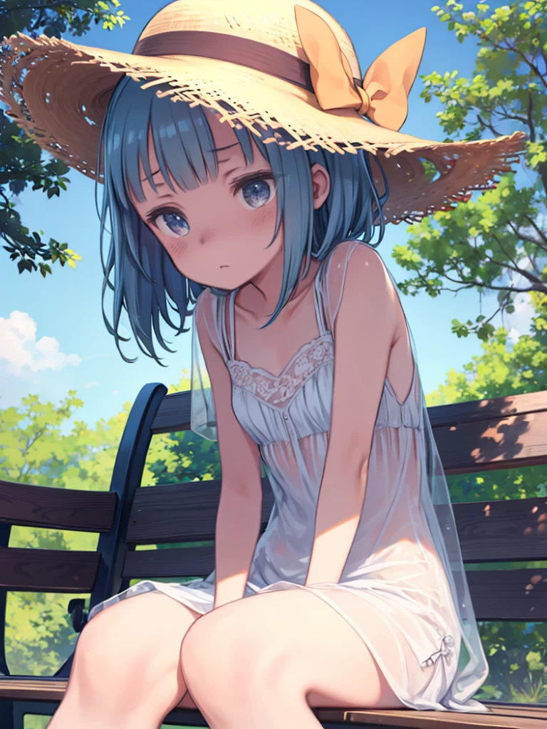 One Girl、A very hot summer day、Straw hat、blue sky、Extremely hot days、Sweat、See-through clothing、Fanning、Troubled expression、blush、Sit on a bench、Angle from below、Tired、Glocky、