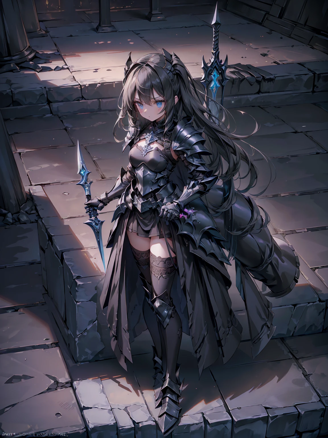 (((masterpiece, best quality, high detailed, 8k))) Design a layout showcase Gaming character, (1girl). Black|Gold clothes, stylish and unique. ((showcase weapon:1.4)), dark scythe. (masterpiece:1.2), (best quality), 4k, ultra-detailed. (Step by step design, layout art:1.5), (luminous lighting, atmospheric lighting). necromancer, ((glove full hands)), (((revealing armor:1.3))), vambraces, armored legwear, (((full_body_shot:1.4))). {In a haunted graveyard}.