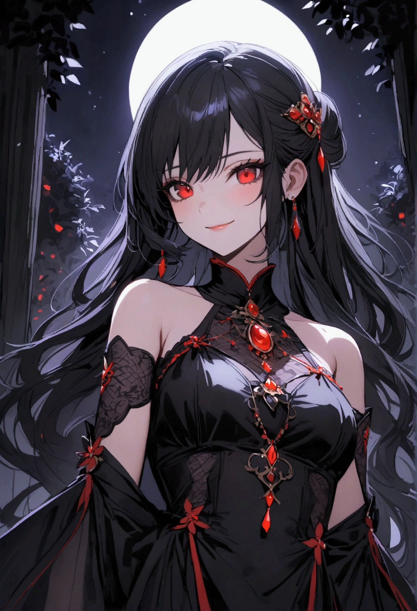 a beautiful princess with long black hair, red eyes, sly smile, sly, wearing a red and black dress, in a dark garden with a full moon in the night sky