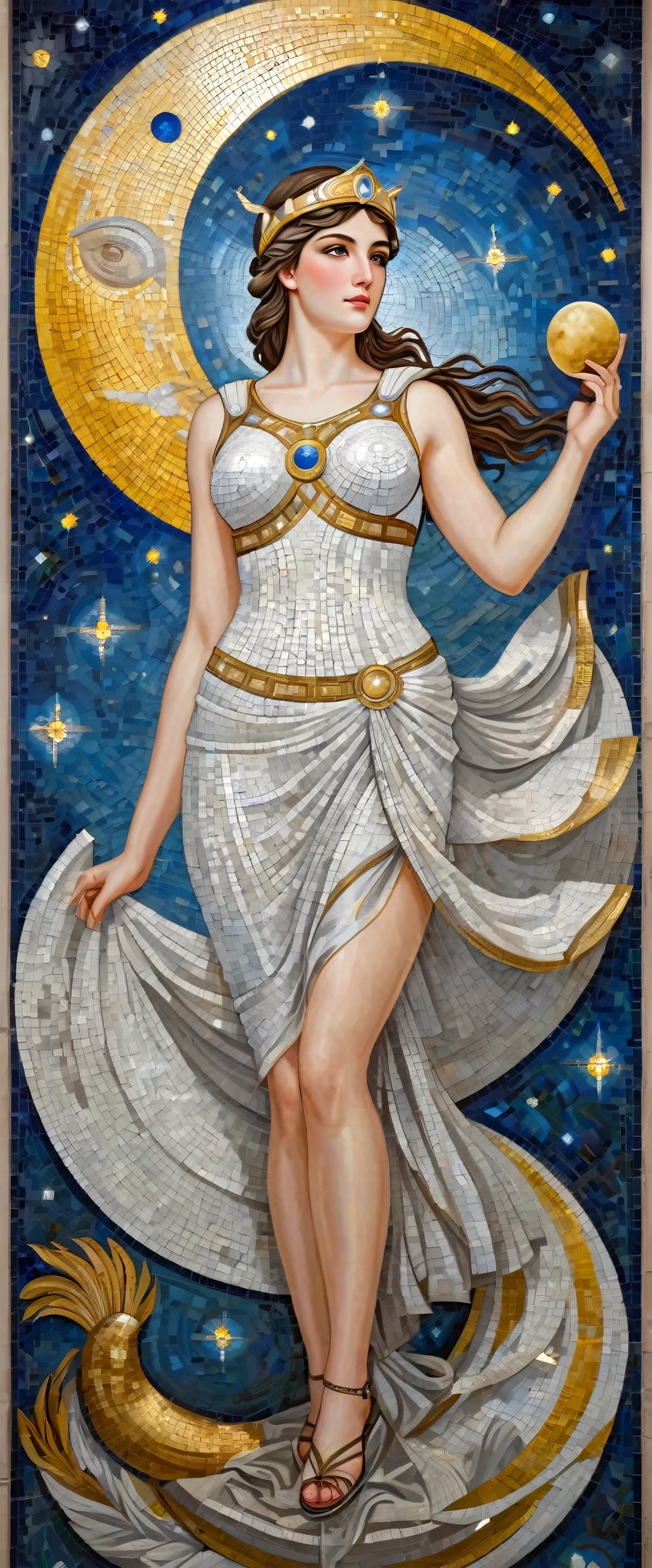 (8k, Highest quality, masterpiece)，(Realistic, RAW Photos, Super Fine Clear), Realistic Light, mural, Beautiful girl mosaic, Beautiful mosaics, constellation, moon, Detailed depiction, ((Greek Mythology, Athena, Slim body, Waistline, huge bouncing busts, Alluring, Vibrant, Ancient Greek Costume))