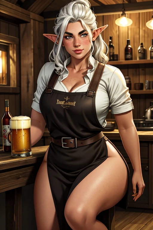 1girl, young female gnome, short and robust, short and disheveled white hair, pointed ears, dark brown eyes, freckles, thin lips, skittish and suspicious look, thick eyebrows, round face, large breasts with cleavage, wide hips, thick thighs, sitting in rustic wooden armchair, drinking mug of beer, 1boy, young male gnome, disheveled white hair, pointed ears, thick eyebrows, dark brown eyes, thick and curly beard, robust male gnome, enthusiastic smile, right behind wife with mug of beer, wearing tavern keeper's apron, very beautiful and detailed living room of rustic medieval house, perfect lighting, (best quality,4k,8k,highres,masterpiece:1.2),ultra-detailed,(realistic,photorealistic,photo-realistic:1.37),HDR,UHD,studio lighting,ultra-fine painting,sharp focus,physically-based rendering,extreme detail description,professional,vivid colors,bokeh,fantasy,illustration