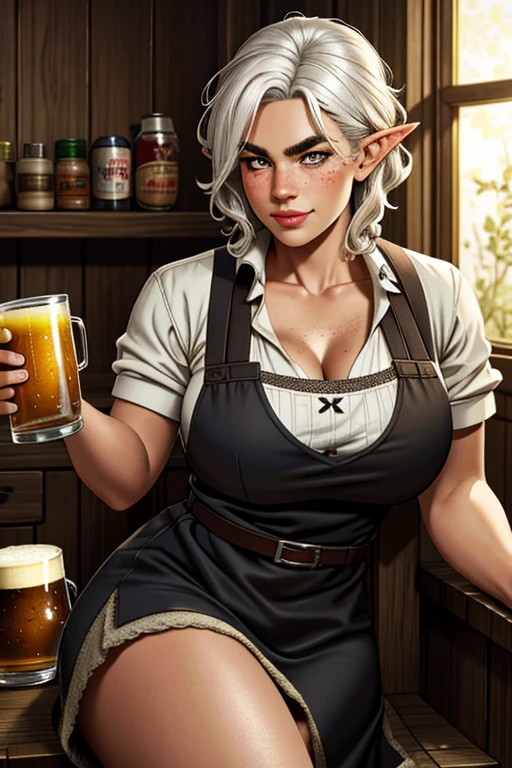 1girl, young female gnome, short and robust, short and disheveled white hair, pointed ears, dark brown eyes, freckles, thin lips, skittish and suspicious look, thick eyebrows, round face, large breasts with cleavage, wide hips, thick thighs, sitting in rustic wooden armchair, drinking mug of beer, 1boy, young male gnome, disheveled white hair, pointed ears, thick eyebrows, dark brown eyes, thick and curly beard, robust male gnome, enthusiastic smile, right behind wife with mug of beer, wearing tavern keeper's apron, very beautiful and detailed living room of rustic medieval house, perfect lighting, (best quality,4k,8k,highres,masterpiece:1.2),ultra-detailed,(realistic,photorealistic,photo-realistic:1.37),HDR,UHD,studio lighting,ultra-fine painting,sharp focus,physically-based rendering,extreme detail description,professional,vivid colors,bokeh,fantasy,illustration