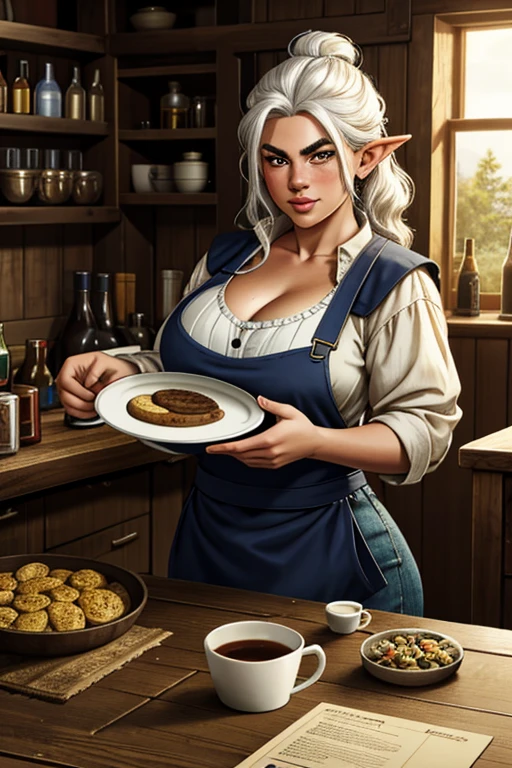 1girl, young female gnome, short and robust, short and disheveled white hair, pointed ears, dark brown eyes, freckles, thin lips, skittish and suspicious look, thick eyebrows, round face, large breasts with cleavage, wide hips, thick thighs, sitting in rustic wooden armchair, drinking mug of beer, 1boy, young male gnome, disheveled white hair, pointed ears, thick eyebrows, dark brown eyes, thick and curly beard, robust male gnome, enthusiastic smile, right behind wife with mug of beer, wearing tavern keeper's apron, very beautiful and detailed living room of rustic medieval house, perfect lighting, (best quality,4k,8k,highres,masterpiece:1.2),ultra-detailed,(realistic,photorealistic,photo-realistic:1.37),HDR,UHD,studio lighting,ultra-fine painting,sharp focus,physically-based rendering,extreme detail description,professional,vivid colors,bokeh,fantasy,illustration