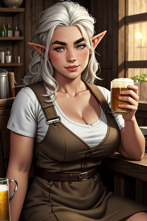 1girl, young female gnome, short and robust, short and disheveled white hair, pointed ears, dark brown eyes, freckles, thin lips, skittish and suspicious look, thick eyebrows, round face, large breasts with cleavage, wide hips, thick thighs, sitting in rustic wooden armchair, drinking mug of beer, 1boy, young male gnome, disheveled white hair, pointed ears, thick eyebrows, dark brown eyes, thick and curly beard, robust male gnome, enthusiastic smile, right behind wife with mug of beer, wearing tavern keeper's apron, very beautiful and detailed living room of rustic medieval house, perfect lighting, (best quality,4k,8k,highres,masterpiece:1.2),ultra-detailed,(realistic,photorealistic,photo-realistic:1.37),HDR,UHD,studio lighting,ultra-fine painting,sharp focus,physically-based rendering,extreme detail description,professional,vivid colors,bokeh,fantasy,illustration