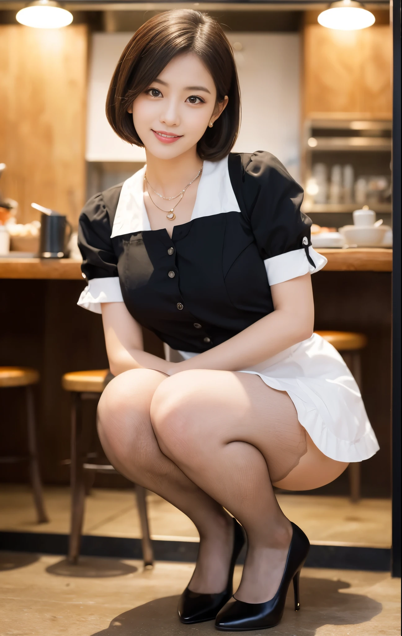 (1955年にヒルバレーに到着したスカイブルーのMaid clothesを着た知的な女性, Squatting at Loose Cafe, Friendly body language, A kind smile, Positive atmosphere, Full Body Shot, Bokeh Background, Wear high heels, Cross Necklace, Short Bob Hair, Ultra-realistic pantyhose:1.3, Crouching pose, family-friendly masterpiece, (Highest quality,4K,8k,High resolution,masterpiece:1.2),Very detailed,(Realistic,photoRealistic,photo-Realistic:1.37),Detailed facial features,Beautiful attention to detail,Beautiful lip detail,Very detailed顔,Long eyelashes,Maid clothes,Maid café interior,Studio Lighting,Vibrant colors,Warm lighting) #Ticker #Calvin Klein #Delorean #Time Machine