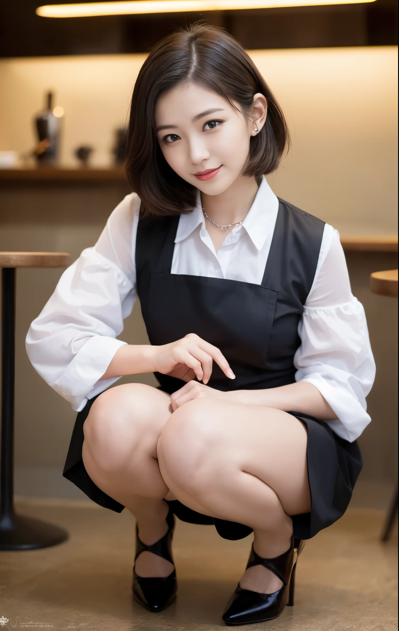(1955年にヒルバレーに到着したスカイブルーのMaid clothesを着た知的な女性, Squatting at Loose Cafe, Friendly body language, A kind smile, Positive atmosphere, Full Body Shot, Bokeh Background, Wear high heels, Cross Necklace, Short Bob Hair, Ultra-realistic pantyhose:1.3, Crouching pose, family-friendly masterpiece, (Highest quality,4K,8k,High resolution,masterpiece:1.2),Very detailed,(Realistic,photoRealistic,photo-Realistic:1.37),Detailed facial features,Beautiful attention to detail,Beautiful lip detail,Very detailed顔,Long eyelashes,Maid clothes,Maid café interior,Studio Lighting,Vibrant colors,Warm lighting) #Ticker #Calvin Klein #Delorean #Time Machine