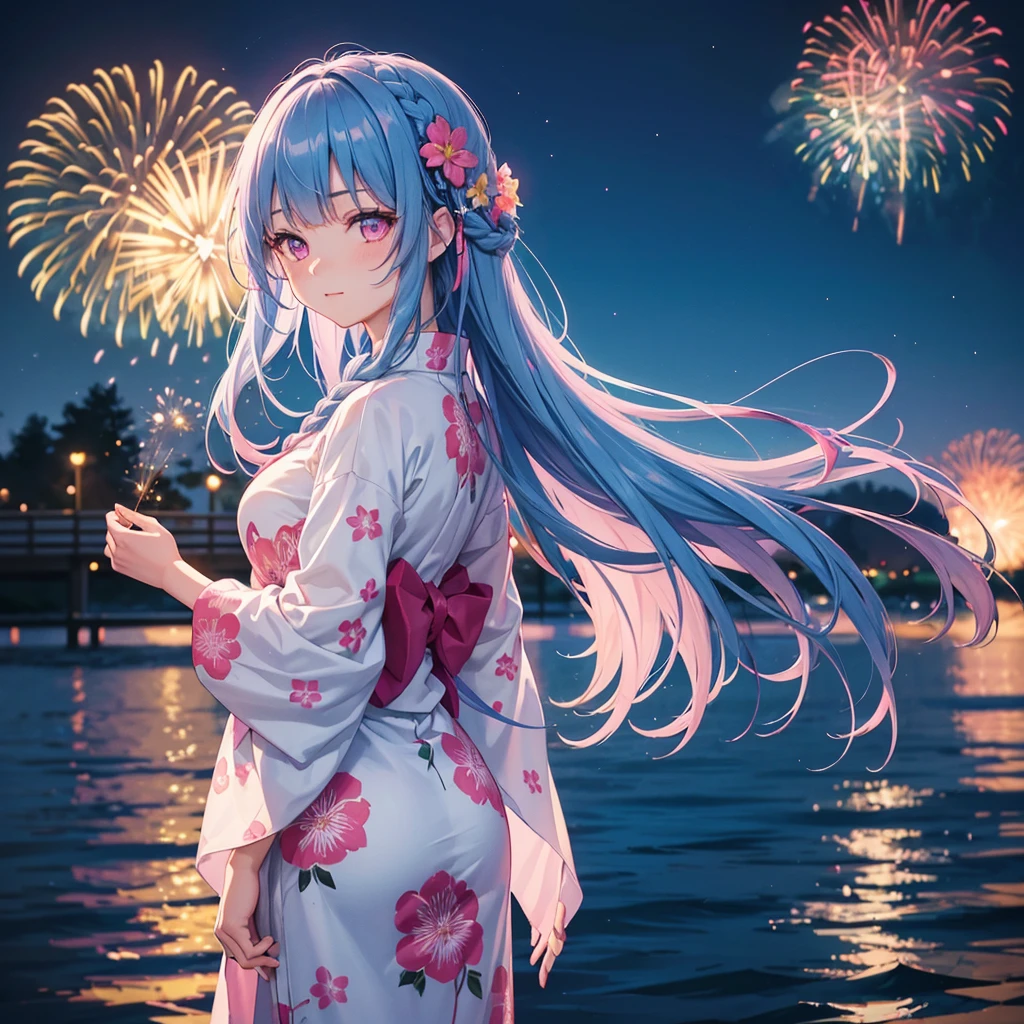 Sky Blue Medium Hair, (Braided hair),(Pink Eyes),Fair skin ,(whole body),(1 girl)、Floral Yukata、summer night、Fireworks on the lake、Big fireworks、Straight bangs,(masterpiece, Highest quality, Very detailed, Best Shadow), (Detailed Background), (Beautifully detailed face), High Contrast, (Best lighting, Very delicate and beautiful), ((Cinematic Light)), colorful, Hyper Detail 8k, Dramatic Light, Intricate details,Fireworks light reflected on the water