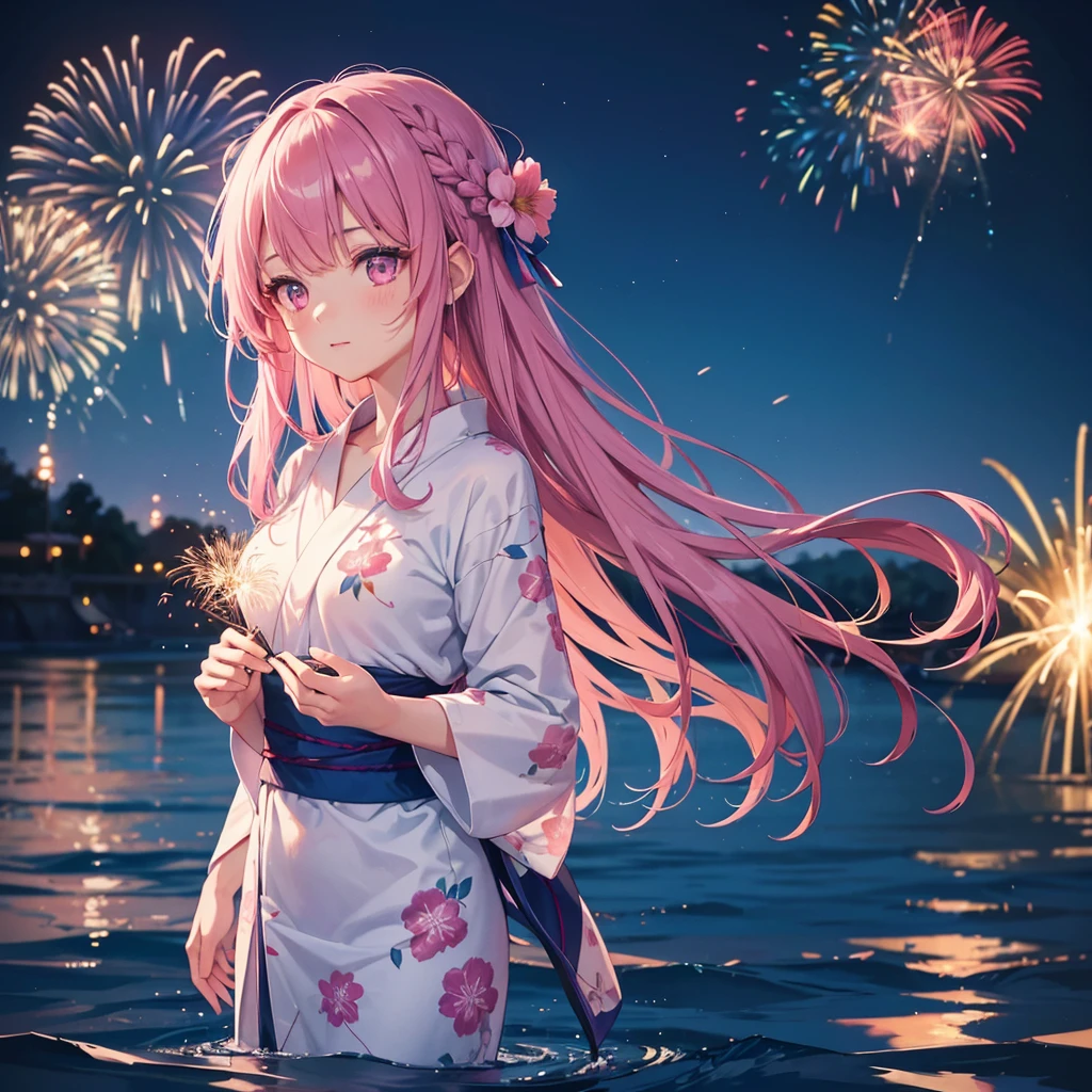Sky Blue Medium Hair, (Braided hair),(Pink Eyes),Fair skin ,(whole body),(1 girl)、Floral Yukata、summer night、Fireworks on the lake、Big fireworks、Straight bangs,(masterpiece, Highest quality, Very detailed, Best Shadow), (Detailed Background), (Beautifully detailed face), High Contrast, (Best lighting, Very delicate and beautiful), ((Cinematic Light)), colorful, Hyper Detail 8k, Dramatic Light, Intricate details,Fireworks light reflected on the water