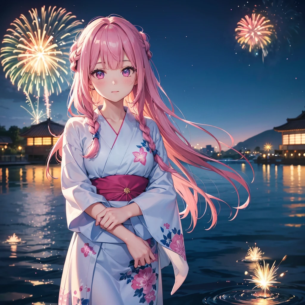 Sky Blue Medium Hair, (Braided hair),(Pink Eyes),Fair skin ,(whole body),(1 girl)、Floral Yukata、summer night、Fireworks on the lake、Big fireworks、Straight bangs,(masterpiece, Highest quality, Very detailed, Best Shadow), (Detailed Background), (Beautifully detailed face), High Contrast, (Best lighting, Very delicate and beautiful), ((Cinematic Light)), colorful, Hyper Detail 8k, Dramatic Light, Intricate details,Fireworks light reflected on the water