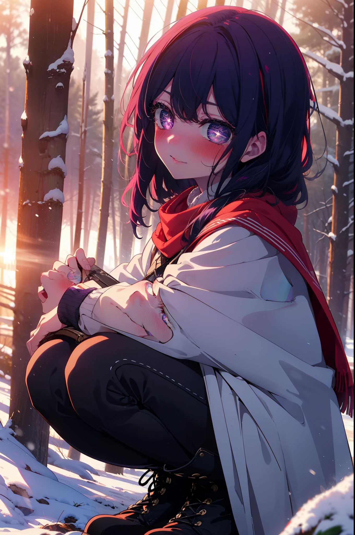 aihoshino, Ai Hoshino, Long Hair, bangs, (Purple eyes:1.1), Purple Hair, (Symbol-shaped pupil:1.5), smile,,smile,blush,white breath,
Open your mouth,snow,Ground bonfire, Outdoor, boots, snowing, From the side, wood, suitcase, Cape, Blurred, , forest, White handbag, nature,  Squat, Mouth closed, Cape, winter, Written boundary depth, Black shoes, red Cape break looking at viewer, Upper Body, whole body, break Outdoor, forest, nature, break (masterpiece:1.2), Highest quality, High resolution, unity 8k wallpaper, (shape:0.8), (Beautiful and beautiful eyes:1.6), Highly detailed face, Perfect lighting, Highly detailed CG, (Perfect hands, Perfect Anatomy),