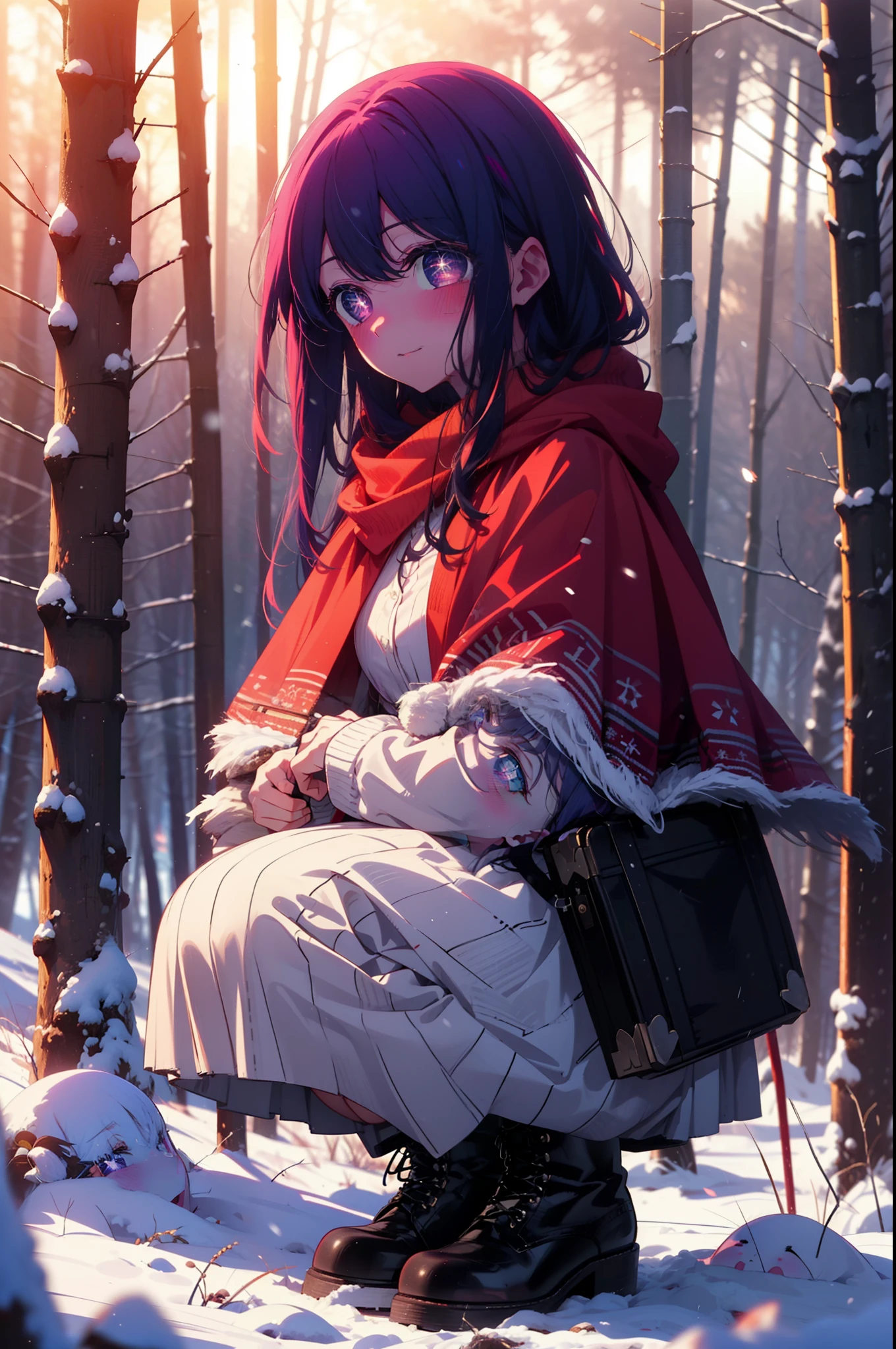 aihoshino, Ai Hoshino, Long Hair, bangs, (Purple eyes:1.1), Purple Hair, (Symbol-shaped pupil:1.5), smile,,smile,blush,white breath,
Open your mouth,snow,Ground bonfire, Outdoor, boots, snowing, From the side, wood, suitcase, Cape, Blurred, , forest, White handbag, nature, Squat, Mouth closed, Cape, winter, Written boundary depth, Black shoes, red Cape break looking at viewer, Upper Body, whole body, break Outdoor, forest, nature, break (masterpiece:1.2), Highest quality, High resolution, unity 8k wallpaper, (shape:0.8), (Beautiful and beautiful eyes:1.6), Highly detailed face, Perfect lighting, Highly detailed CG, (Perfect hands, Perfect Anatomy),
