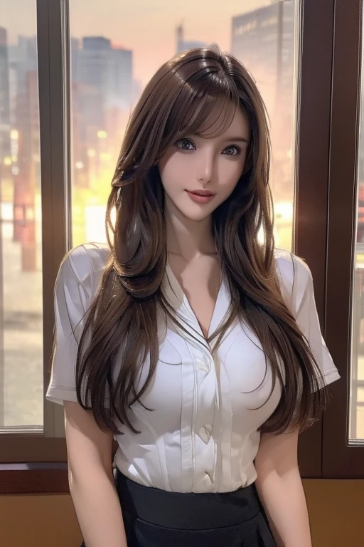 (school Teachers uniform:1.5), (realistic, realistic photo: 1.37), high definition RAW photograph, high definition and beautiful, 8k wallpaper, Amazing details, highly detailed beautiful girl, Extremely detailed face, (Finely defined super beautiful eyes:1.5), Depth of written boundary, natural soft lighting, UHD, Realistic Skin, evening sunset, (evening sunset outside the window:1.2, sunset through window:1.2), From inside the classroom, cute girl, (Tight hair), (Ultra Soft hair), (ultra straight hair), Straight bangs, light coppery amber hair, skinny body, Curvaceous, Beautiful breasts, small breasts, pale skin, pointed breast, (Best Quality, High quality, High Definition, high quality texture, high detailing, Beautiful detailed, fine detailed, extremely details CG, Detailed texture,realistic representation of face, masterpiece, presence,Dynamic,Bold), Ultra detailed skin, Perfect Face, looking at the viewer, beautiful clavicle, Backlight, Standing by the window,