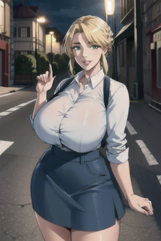 ((masterpiece)), ((Highest quality)), (Very detailed), Absurd, Very detailed CG ユニティ 8k 壁紙, Official Art, Beautiful Face, Fine hand, Expressive eyes, Upper Body, close, alone, (street, scenery, figure, Dramatic lighting:1.1), (Are standing, Captivating smile, Lips parted:1.2), (One girl, Mature Woman,  Tight waist, Huge breasts, Wide Hips, Sharp eyelashes, French Braid, Blonde, Green Eyes:1.4), (Artoria Lancer, Collared shirt, Long skirt, Blue Skirt:1.3), ((masterpiece)), , Absurd, High resolution 