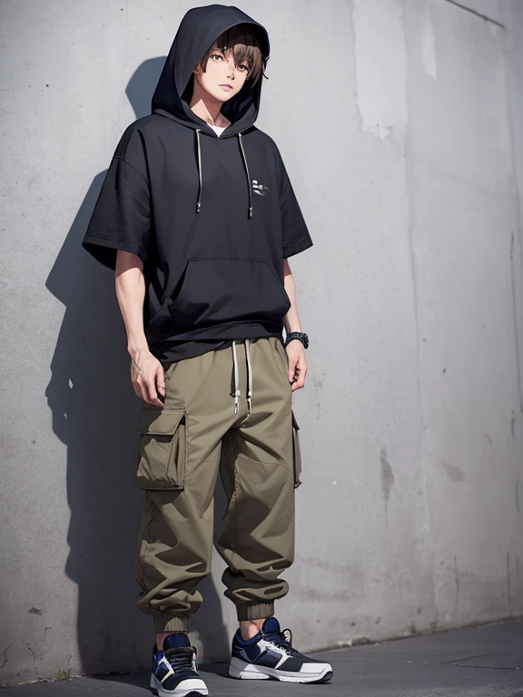 Masterpiece、Short sleeve hoodie、Man in hood、cargo pants、Full-body portrait