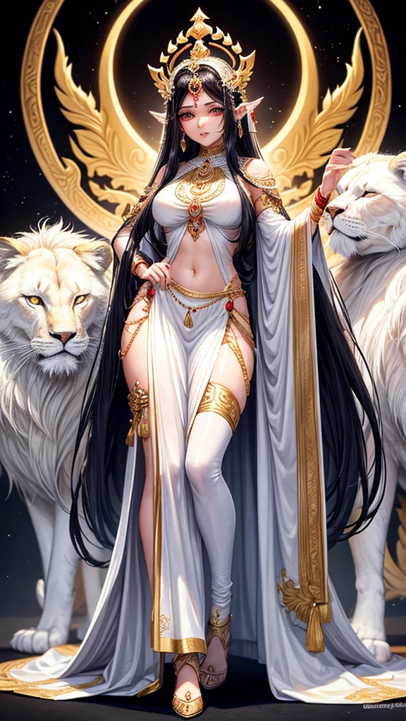 Sexy hindu female gods white outfit long black hair holding trishul nearly lion beautiful face full HD