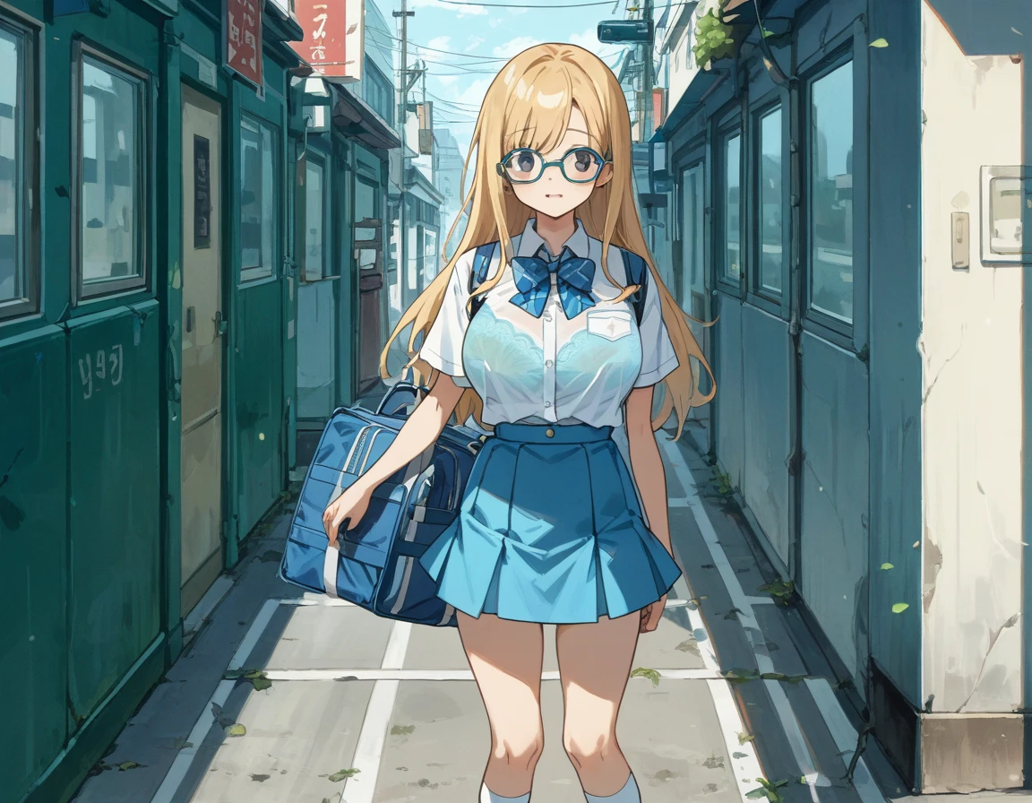 She lifts her skirt with her hands to show off her cute white underwear、Showing off her cute white underwear、Big breasts and blue bra are clearly visible through the pure white shirt、Skirt flip、Blue flared mini skirt、Bare legs, white socks and leather shoes、Standing posture、Long haired girl with glasses、School corridor、For two with a friend