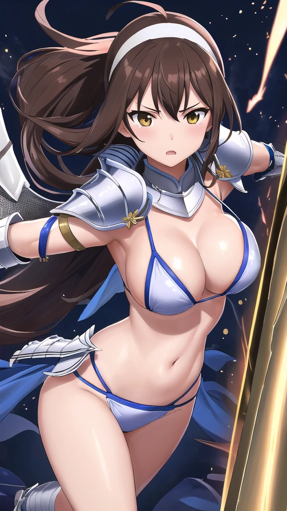 Art inspired by Masamune Shirow, Armor Girl, Bikini Armor, Bikini Armor, Bikini Armor female knight, Bikini Armor, , Knight Girl, titsense movement,topless, White thighs,Vertical belly button、Sradiance,Brown hair,White headband、Writhe violently、stylish、The moment his clothes were torn during an attack