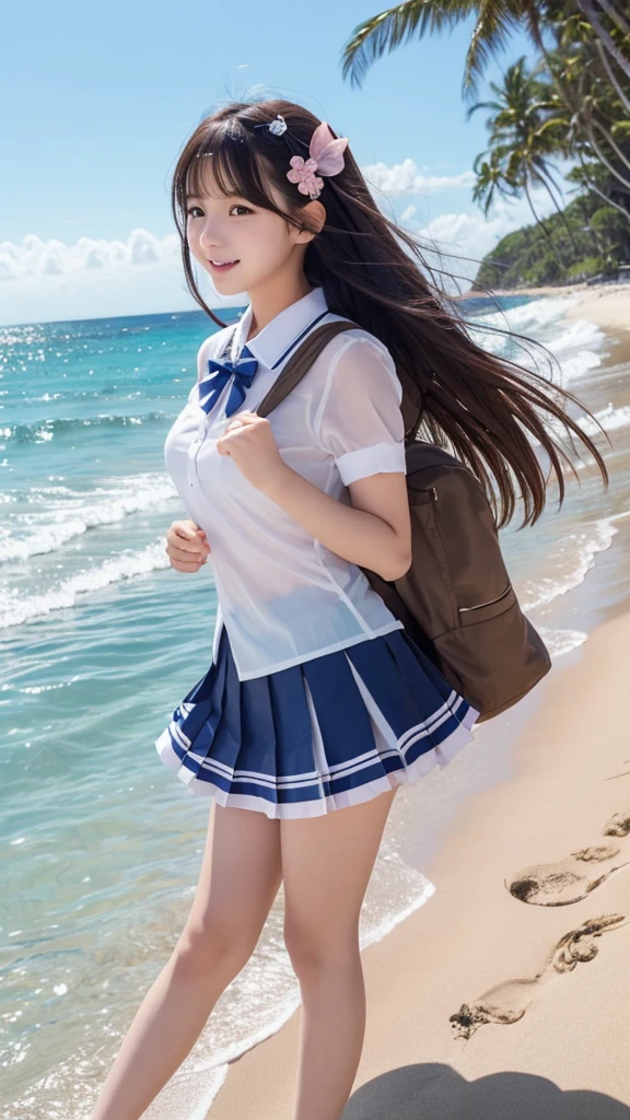 Cute Girls、high school girl、Idol、uniform、See-through、Ocean、Sandy Beach、Fluttering in the wind