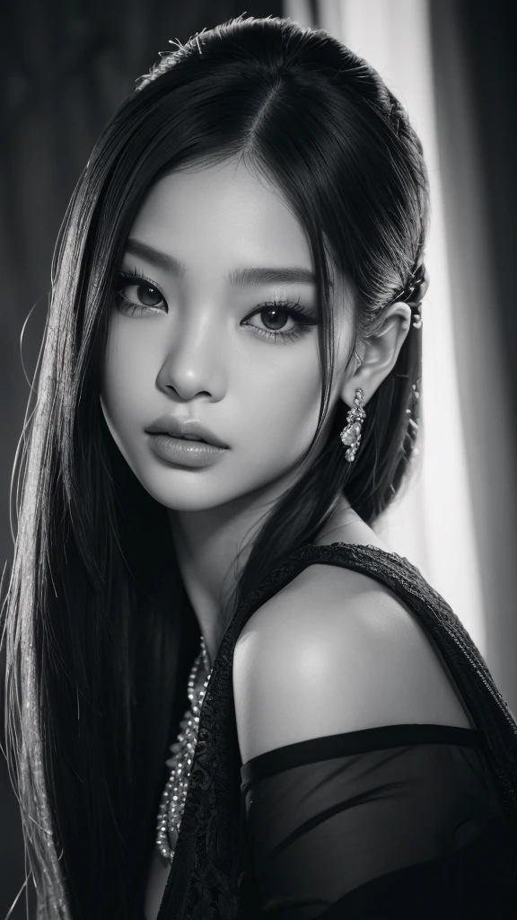 a intricate detailed portrait of Jennie from Blackpink, 1girl, beautiful detailed eyes, beautiful detailed lips, extremely detailed face, longeyelashes, glamorous elegant pose, high fashion, luxury jewelry, soft dramatic lighting, cinematic camera angle, dark moody color palette, high contrast, photorealistic, (best quality,4k,8k,highres,masterpiece:1.2),ultra-detailed,(realistic,photorealistic,photo-realistic:1.37)