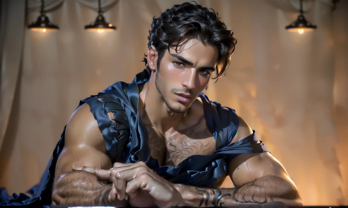 "((highly detailed, detailed eyes, detailed face, clear and realistic facial features, photorealistic, realistic light; cinematic)), (1 man), ((((artist studio background)))), (((seductive sexy erotic gorgeous greek male model))), ((((model is acting erotic seductive)))), ((aroused expression)), (((blushing))), (short dark hair), (((wearing a classy draped roman toga))."