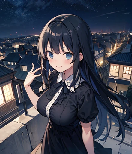 (masterpiece),(Highest quality), Official Art, (One Girl, alone:1.0),perspective,
walk,View your audience,A kind smile,
straight,View your audience,Upper Body, From above,Symmetric,
exterior,Night Sky,(At night),Written boundary depth, horizon,On the roof,Large Breasts、Long black hair