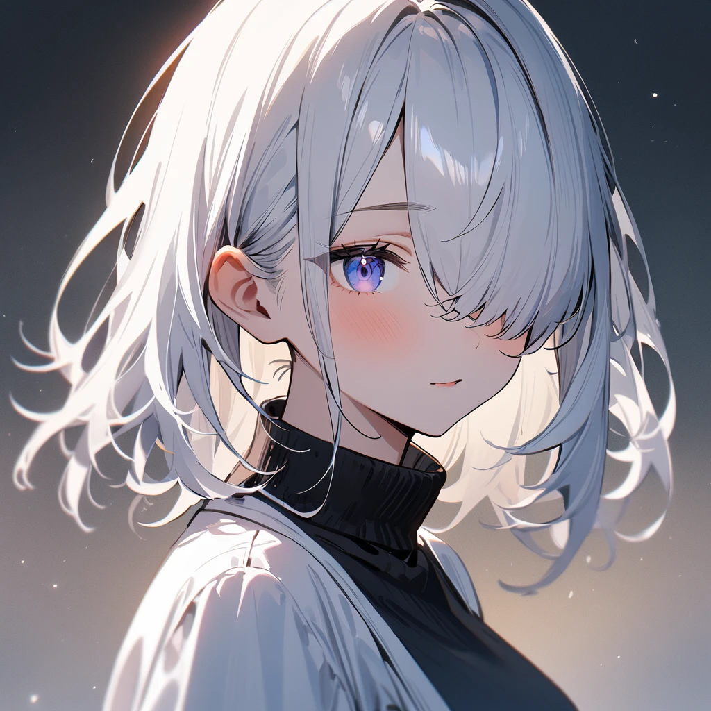 1 girl,Solo,High lightness,High Saturation,White hair,portrait,masterpiece,best quality,very aesthetic,absurdres,(hair over eye)