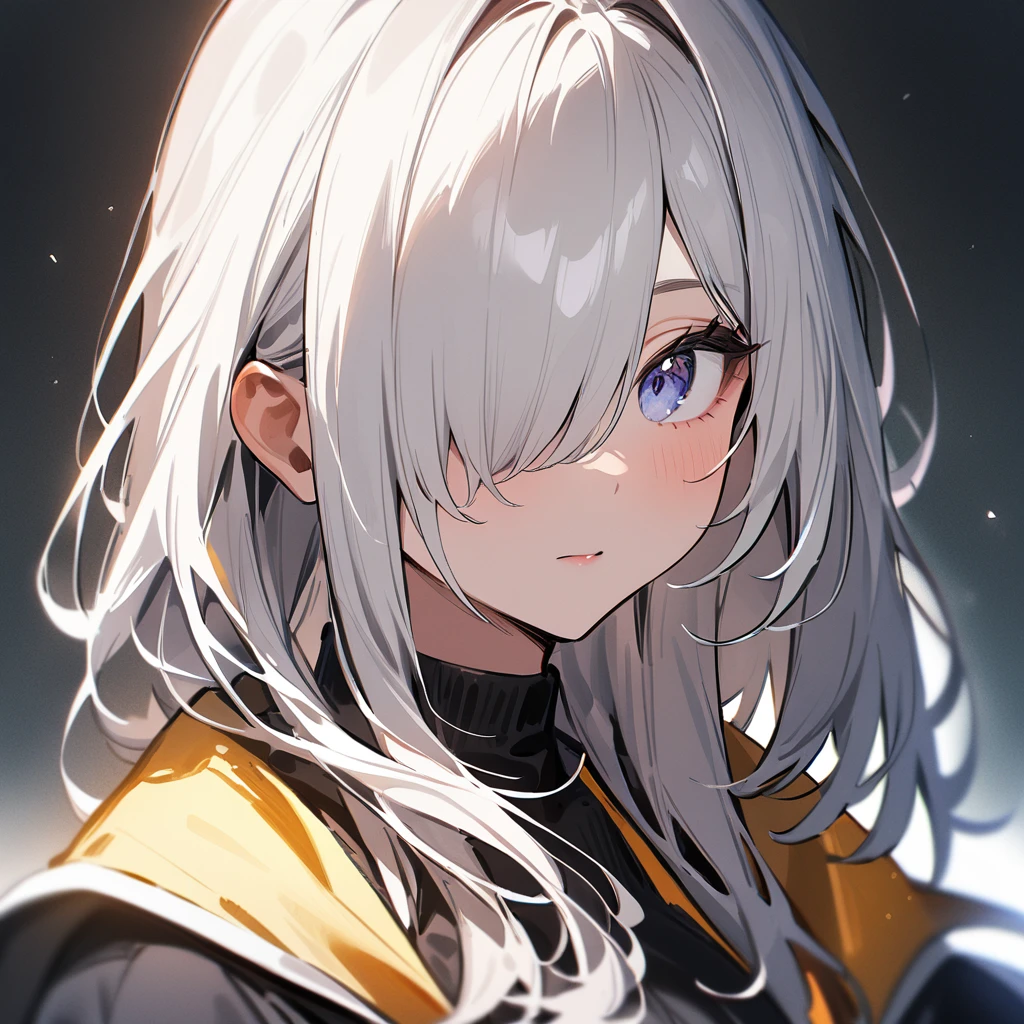 1 girl,Solo,High lightness,High Saturation,White hair,portrait,masterpiece,best quality,very aesthetic,absurdres,(hair over eye)
