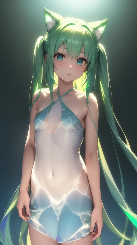 Inside a big soap bubble、hologram、masterpiece、Highest quality、Full body、One girl (((Glass-like neon-colored dress))) 、Neon color background、Halation，Realistic、High resolution、detailed、Soft Focus、Delicate facial features、Perfect Eyes、Sharp pupils、Depth of written boundary、ボケ Depth of written boundary、Sharp focus、Long twin tails、Hair ornaments are sharp、Green light、Lighting by world-class AI creators